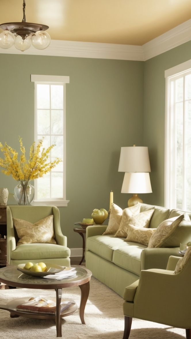 sage green sofa,
gold accents,
green and gold decor,
sage green walls,
luxury living room