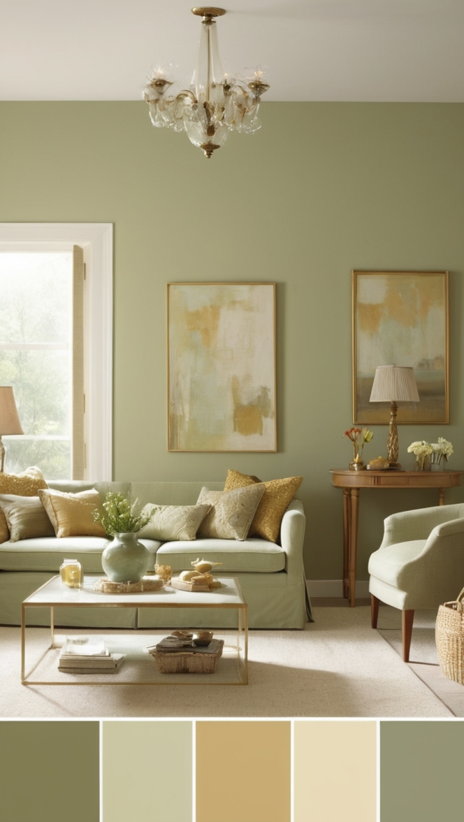 sage green sofa, gold accents, green and gold decor, sage green walls, luxury living room
