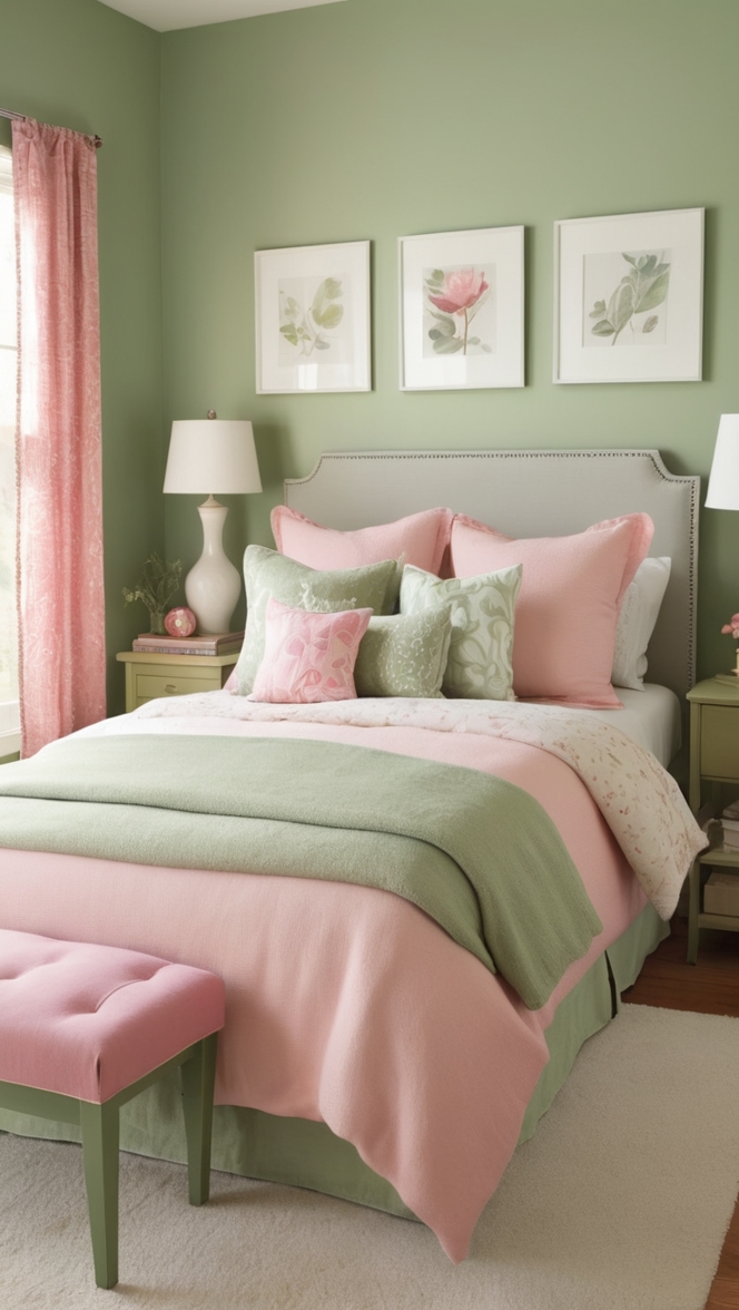 sage green bedroom decor, pink and green bedroom ideas, sage green bedroom walls, pink and sage green bedroom, sage green and pink room palette