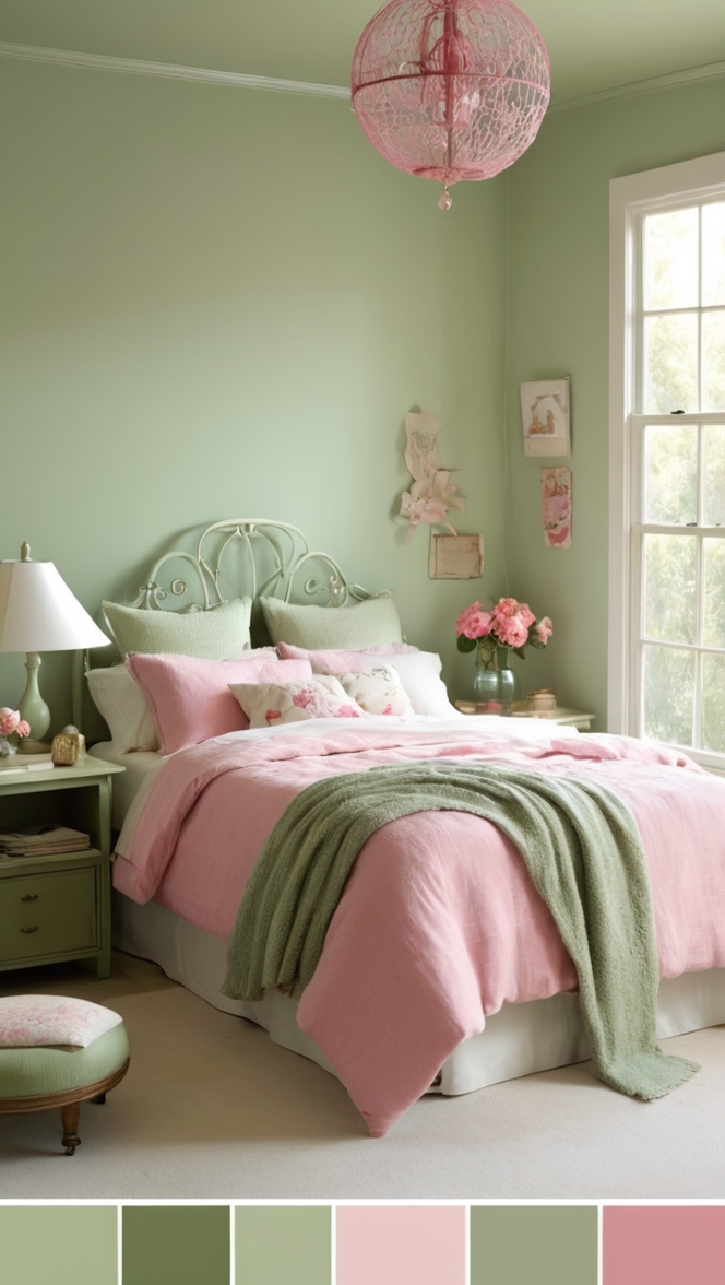 sage green bedroom decor, pink and green bedroom ideas, sage green bedroom walls, pink and sage green bedroom, sage green and pink room palette