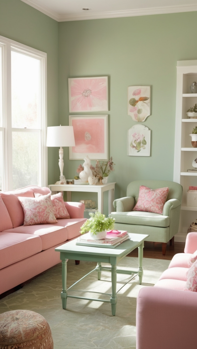 sage green decor, pink furniture, living room design, interior decorating, modern color palette