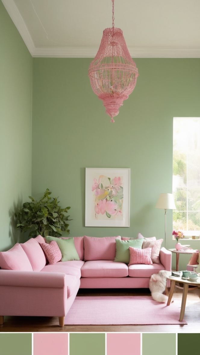 sage green decor, pink furniture, living room design, interior decorating, modern color palette