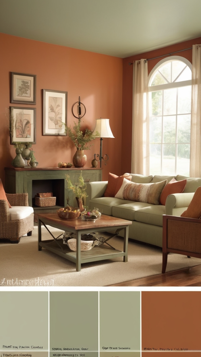 sage green couch, rustic living room decor, earth tone colors, modern farmhouse style, interior design tips