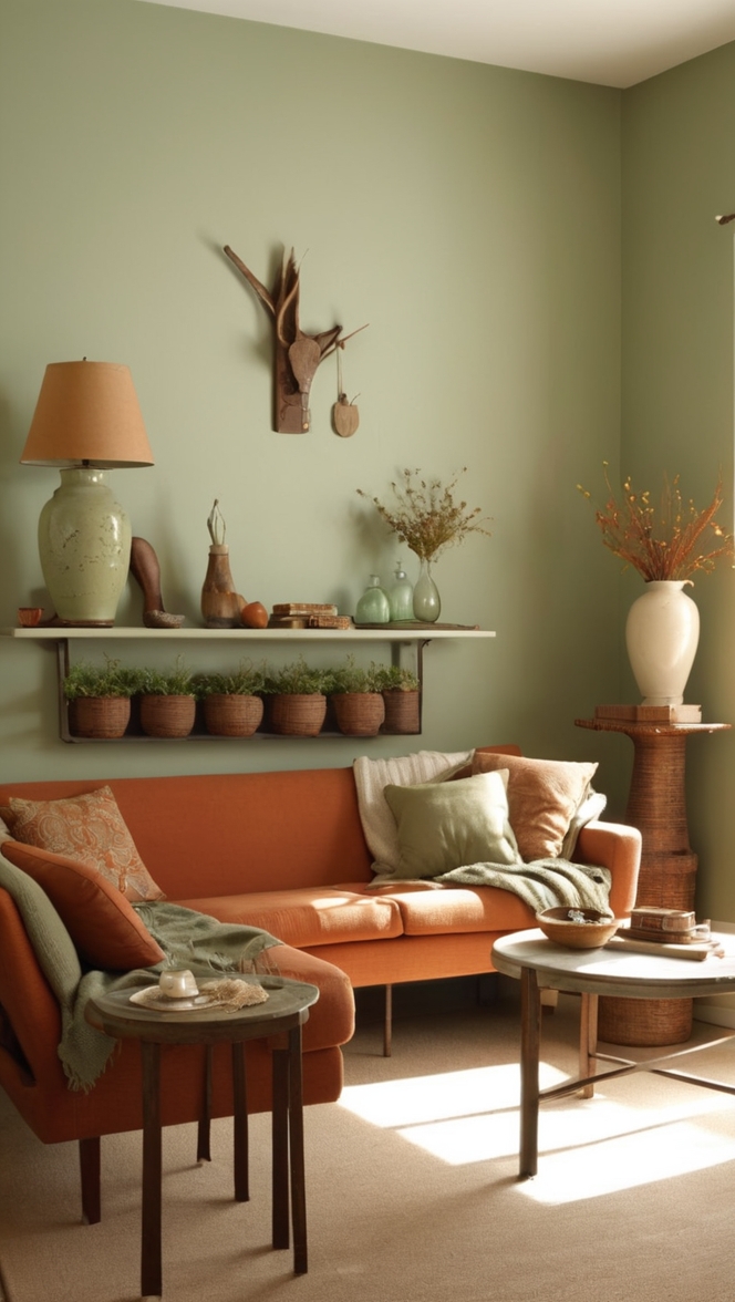 sage green couch, rustic living room decor, earth tone colors, modern farmhouse style, interior design tips