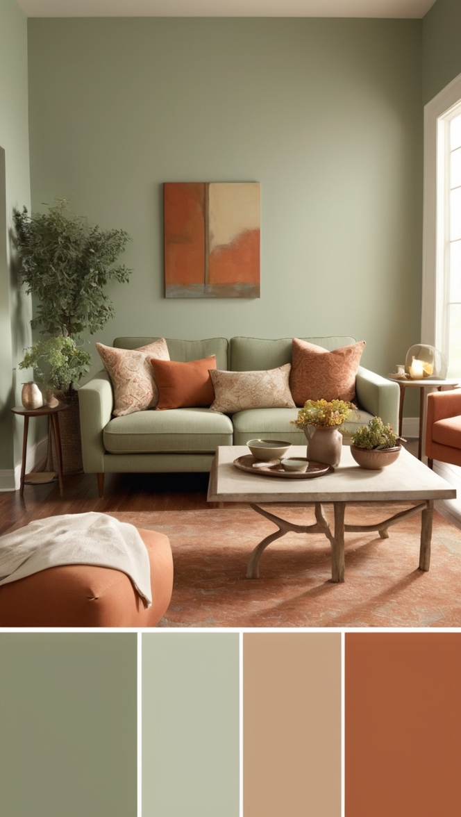 sage green sofa, terracotta walls, living room decor, modern home design, interior decorating