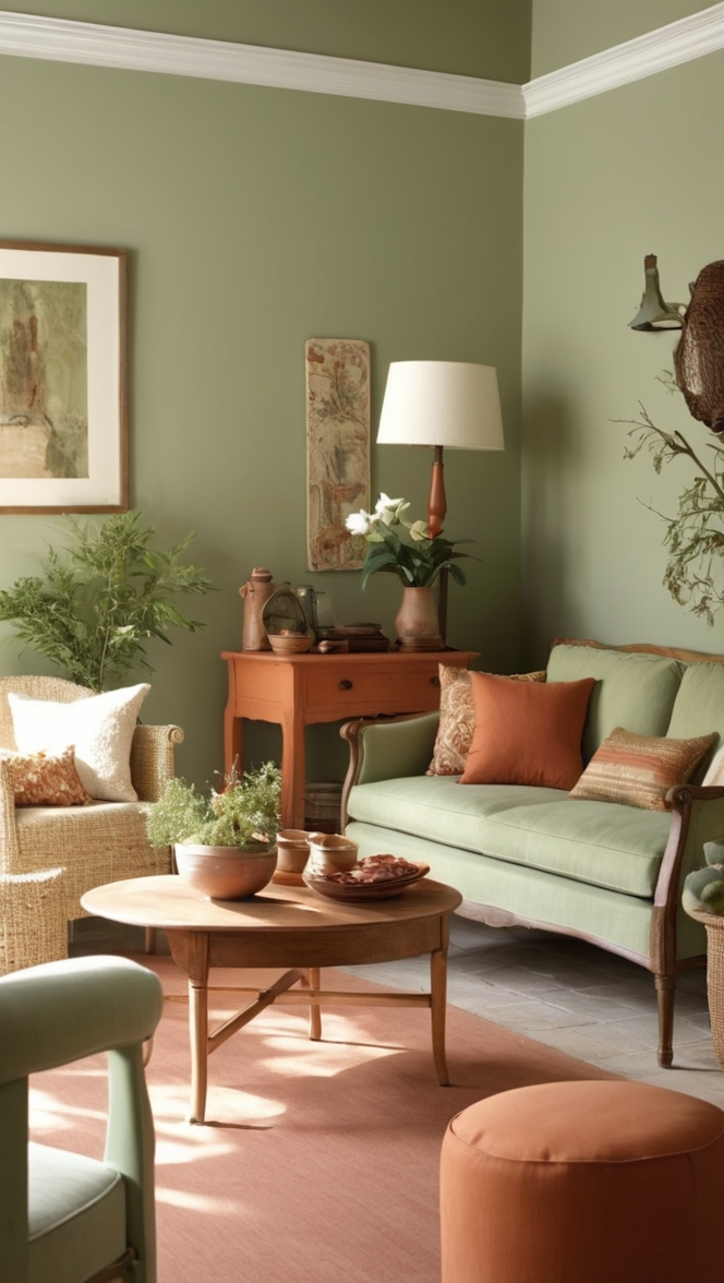 sage green sofa, terracotta walls, living room decor, modern home design, interior decorating