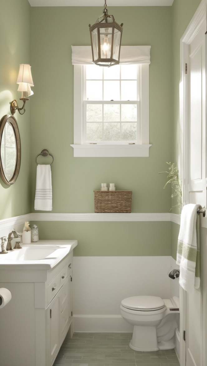 sage green bathroom decor, white and green bathroom ideas, sage green wall paint, white and green shower curtain, sage green tile bathroom