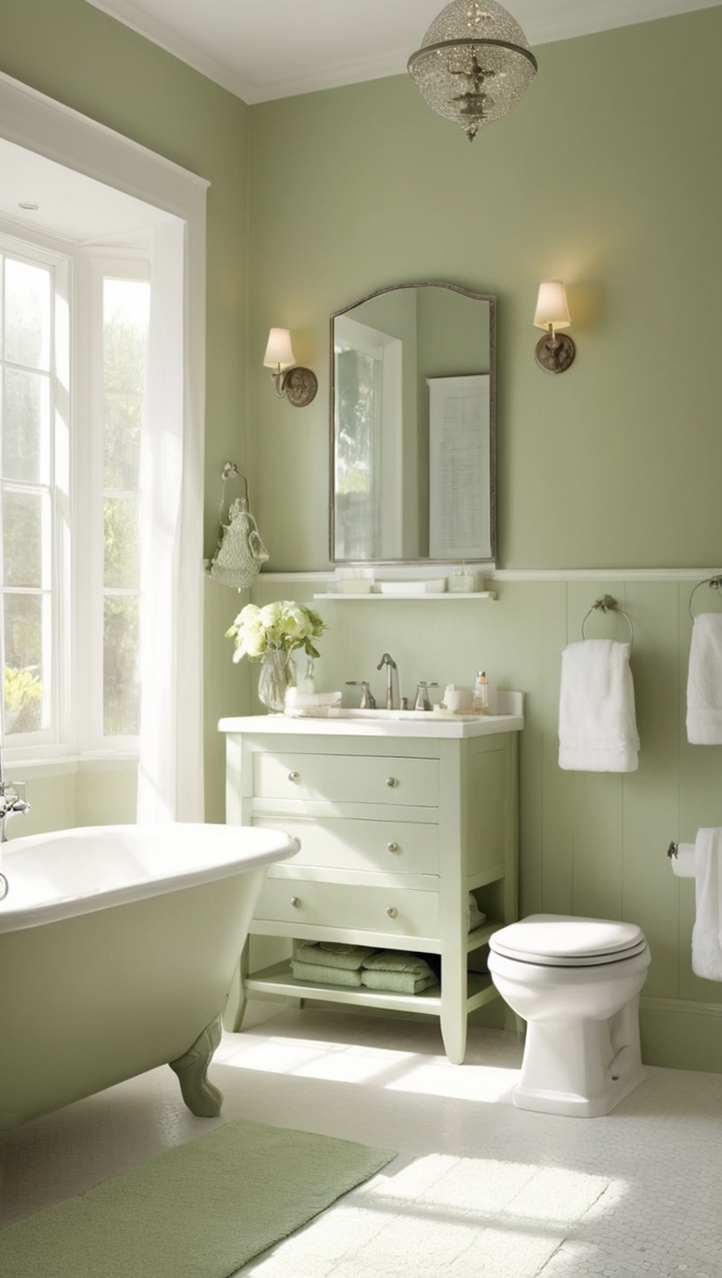 sage green bathroom decor, white and green bathroom ideas, sage green wall paint, white and green shower curtain, sage green tile bathroom