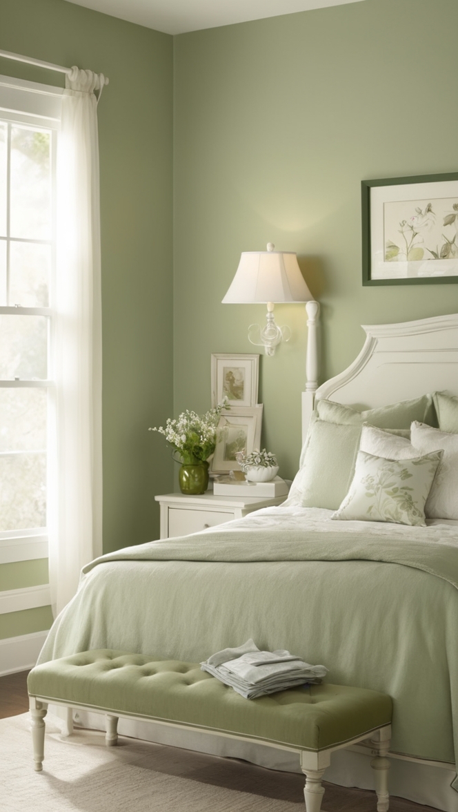 sage green paint, green and white bedding, sage green walls, white bedroom furniture, light green curtains