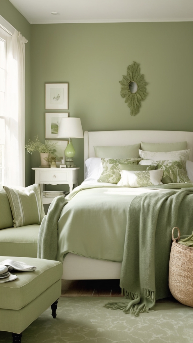sage green paint, green and white bedding, sage green walls, white bedroom furniture, light green curtains