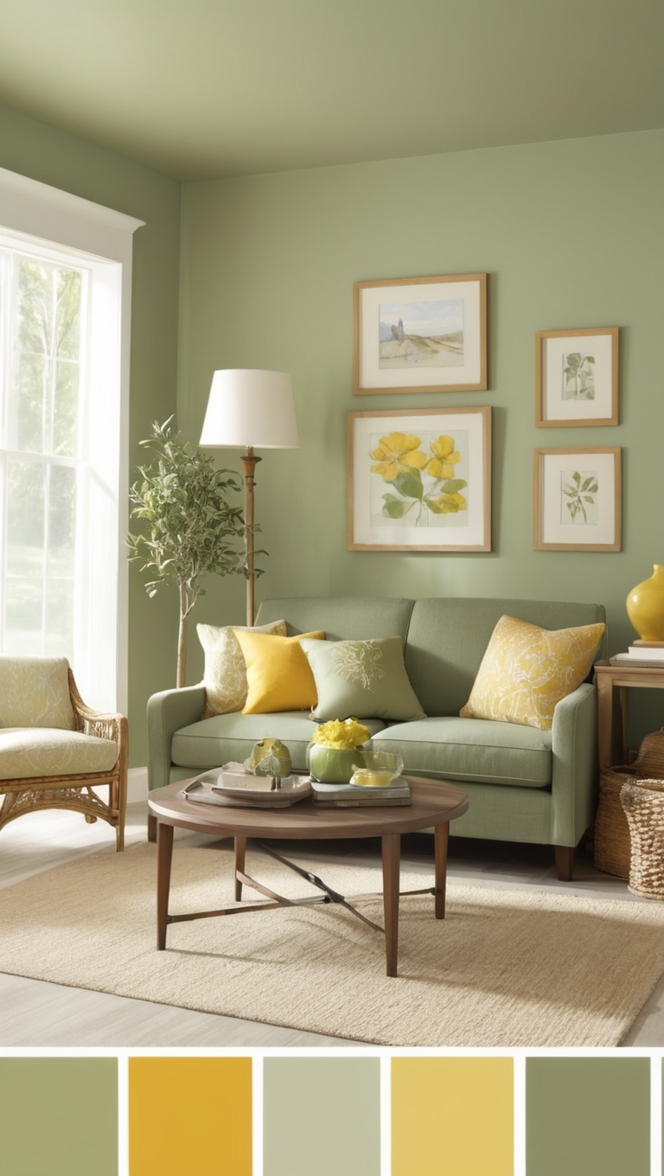 sage green couch, sage green furniture, yellow accent wall, yellow decor, green and yellow color scheme