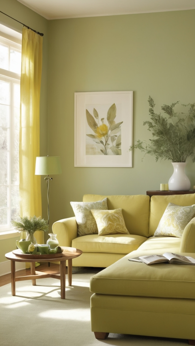 sage green couch, sage green furniture, yellow accent wall, yellow decor, green and yellow color scheme
