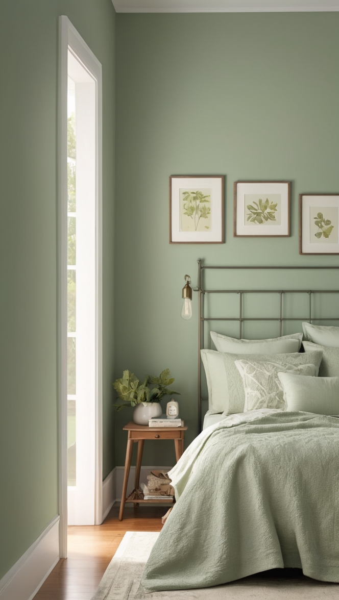 sage green bedding, sage green bedroom decor, sage green bedroom ideas, sage green walls, sage green paint