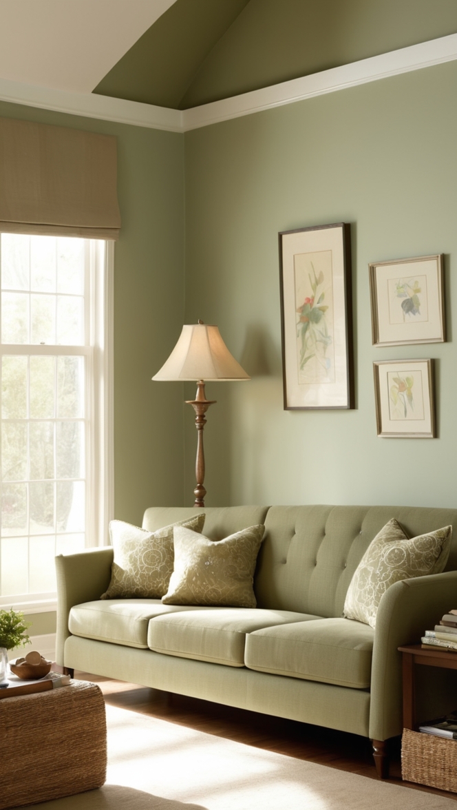 green sofa, sage green, living room decor, interior design, home decorating