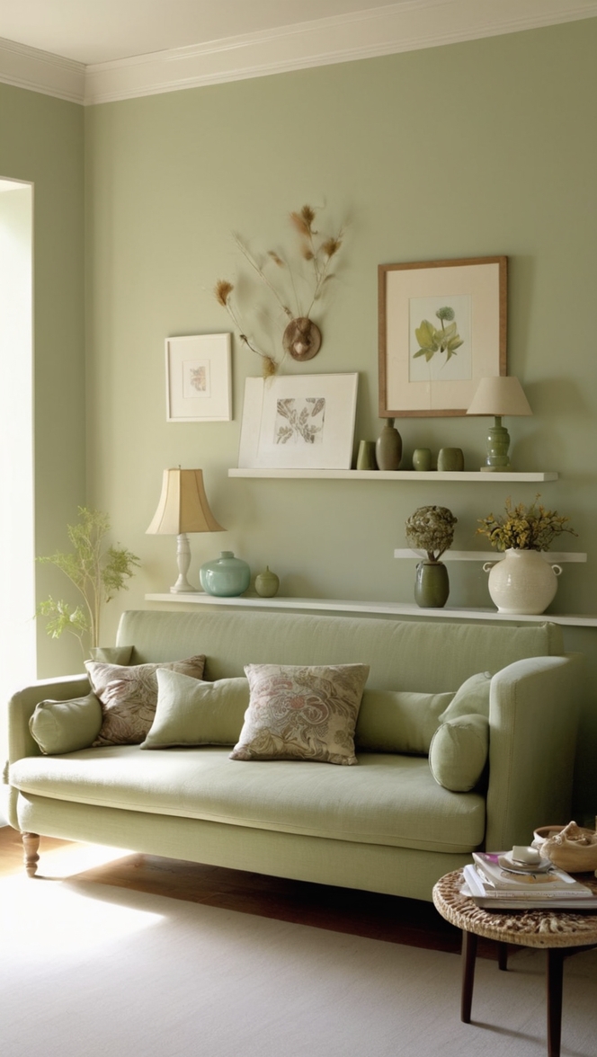 green sofa, sage green, living room decor, interior design, home decorating