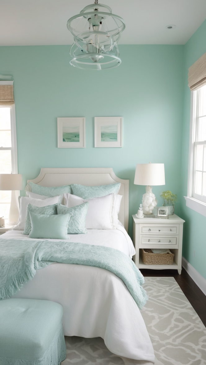 seafoam green paint, bedroom decoration, calming bedroom ideas, seafoam color scheme, relaxing bedroom design