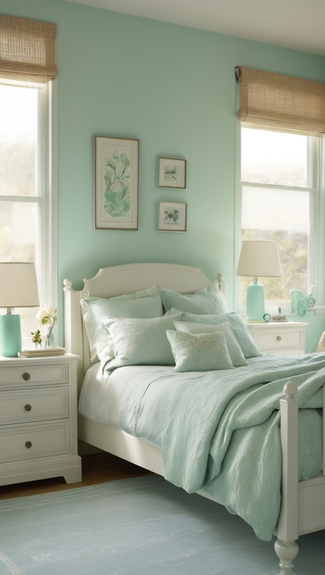 seafoam green paint, bedroom decoration, calming bedroom ideas, seafoam color scheme, relaxing bedroom design