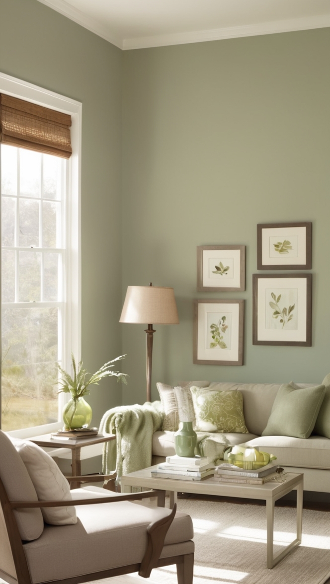 taupe living room decor, sage green sofa, best taupe paint colors, sage green curtains, taupe and green throw pillows