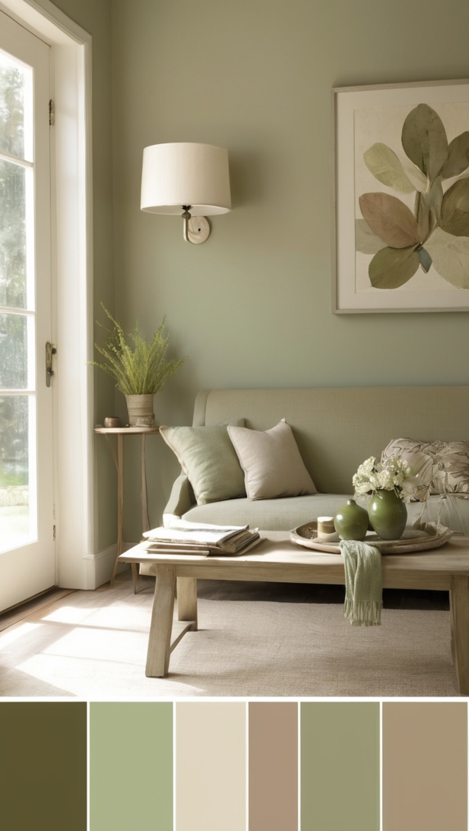 taupe living room decor, sage green sofa, best taupe paint colors, sage green curtains, taupe and green throw pillows