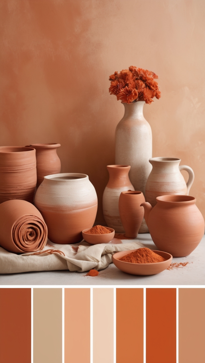 terracotta color, warm color scheme, earthy color palette, brick red color, clay tones