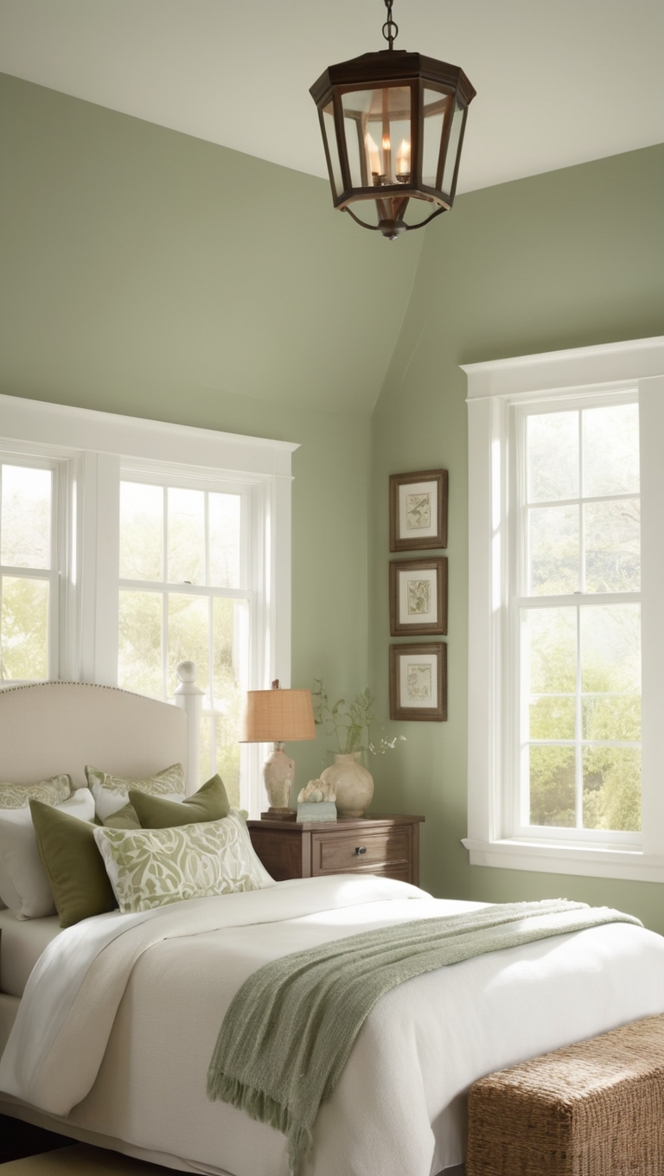 white bedroom furniture, sage green bedding, sage green curtains, white and sage green decor, sage green paint