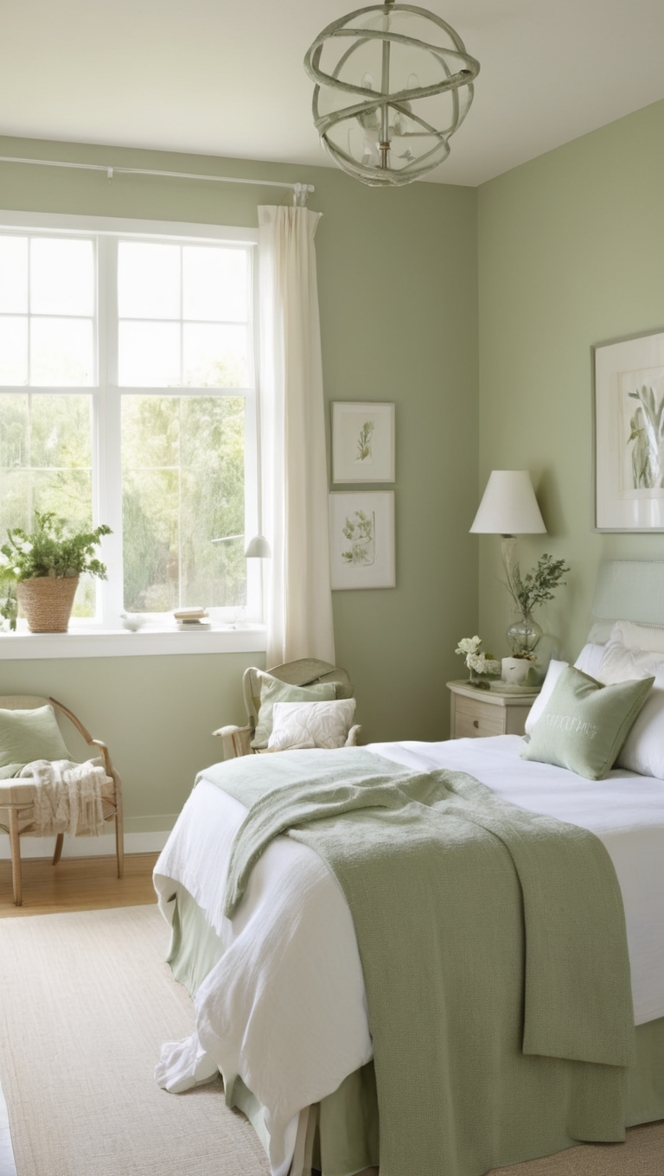 white bedroom furniture, sage green bedding, sage green curtains, white and sage green decor, sage green paint