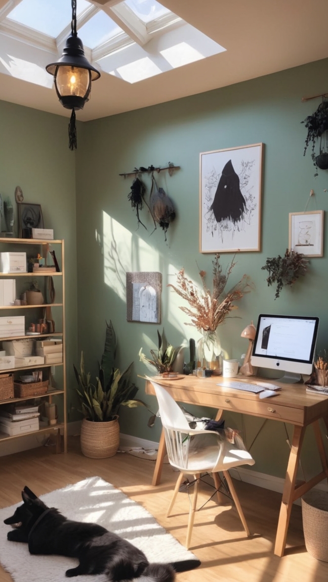 witchy home decor, mystical office setup, dark bohemian interior design, pagan workspace inspiration, occult office theme