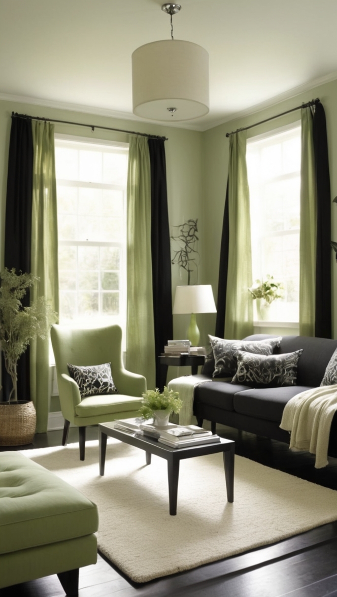 black, sage, living room, design, interior