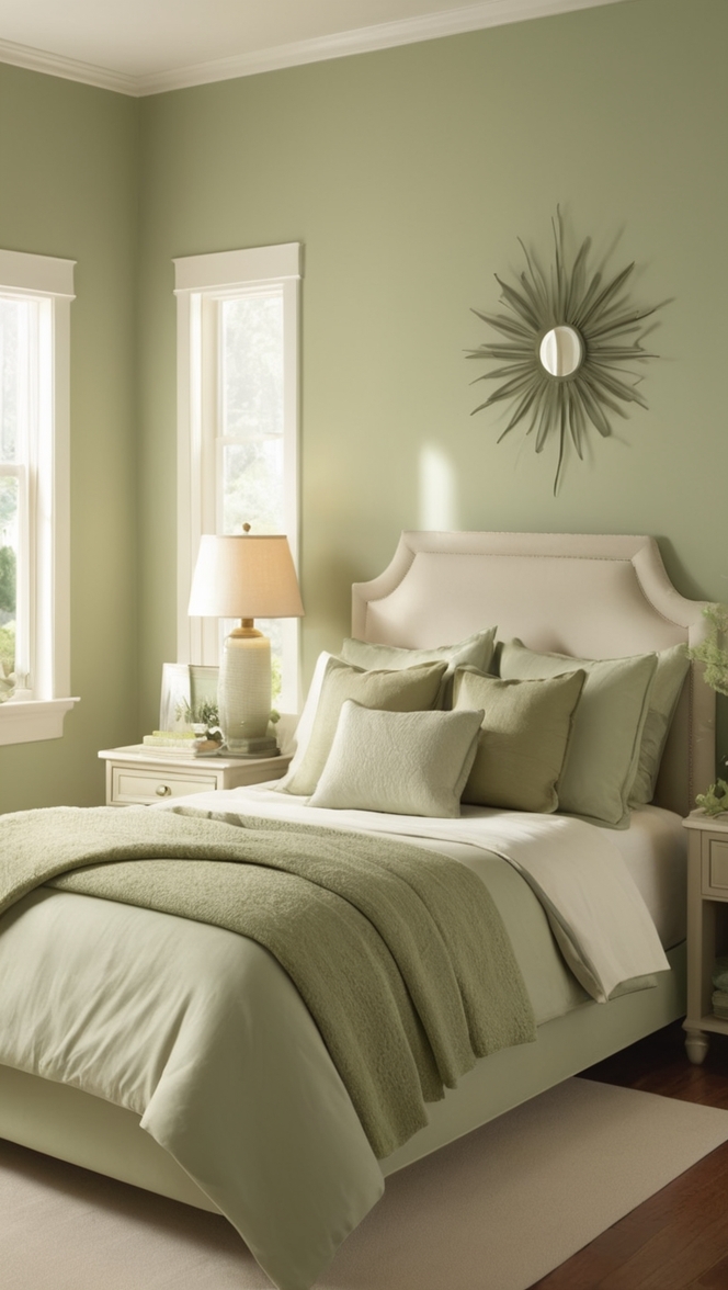 sage green bedroom decor, beige bedding, green and beige bedroom ideas, sage green paint, neutral bedroom design