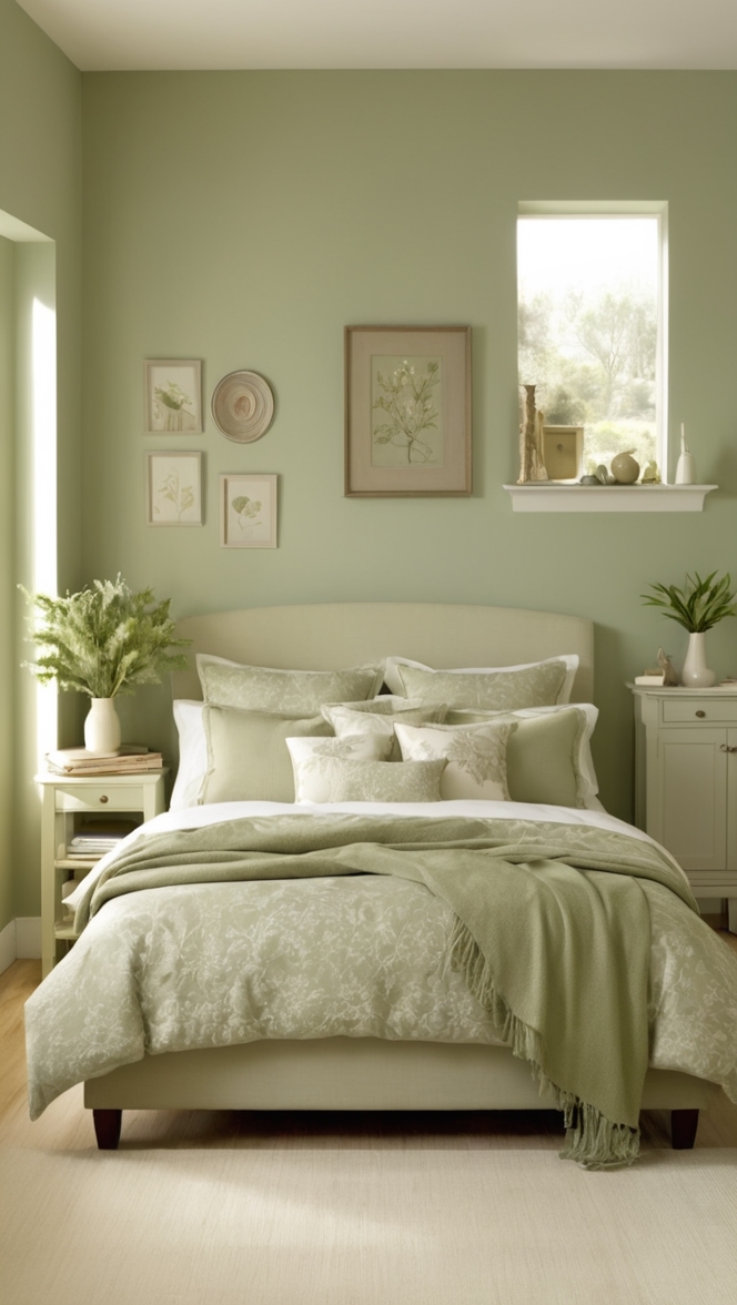 sage green bedroom decor, beige bedding, green and beige bedroom ideas, sage green paint, neutral bedroom design