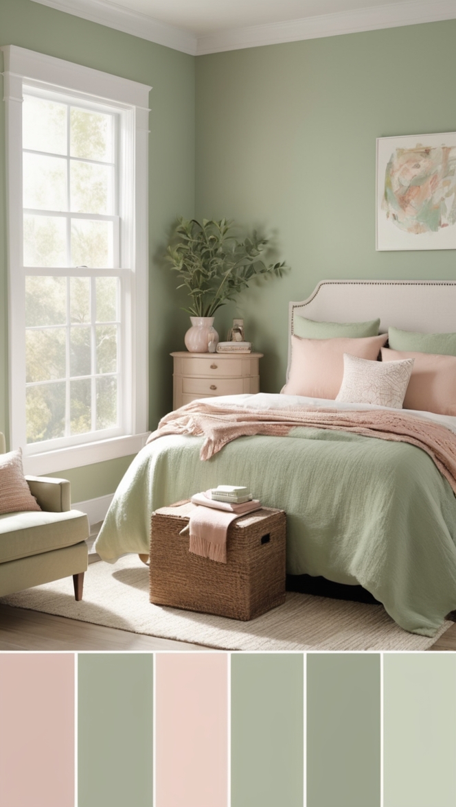 sage green bedroom decor, blush pink bedroom ideas, sage and blush bedroom design, green and blush bedroom inspiration, sage and blush color scheme