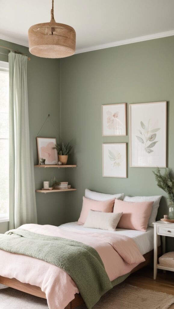 How can I create a cozy sage green and blush bedroom ...