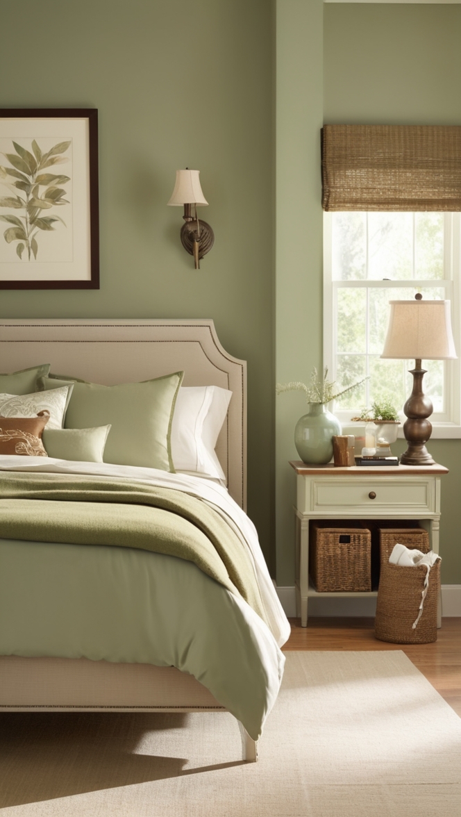 sage green paint, brown bedroom decor, sage green bedding, earthy bedroom colors, green and brown color scheme