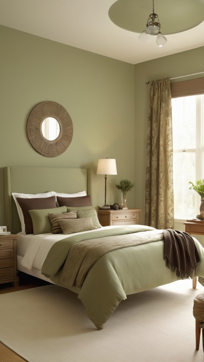 sage green paint, brown bedroom decor, sage green bedding, earthy bedroom colors, green and brown color scheme