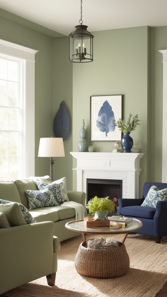 sage green furniture, navy blue decor, modern sage green, navy living room, sage green walls