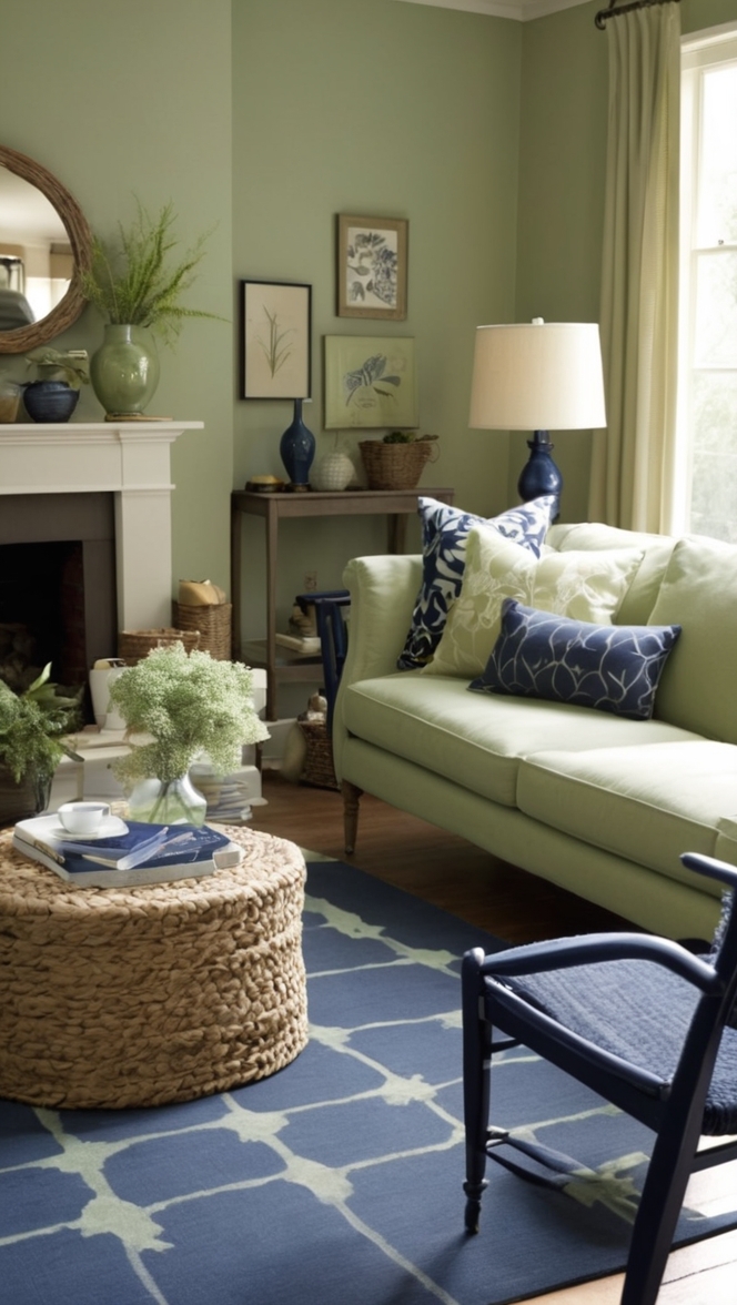 sage green furniture, navy blue decor, modern sage green, navy living room, sage green walls