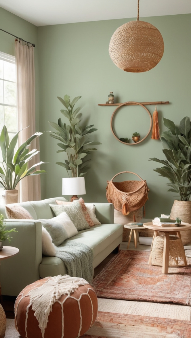 sage green sofa, bohemian rug, modern wall art, eclectic decor, vintage furniture