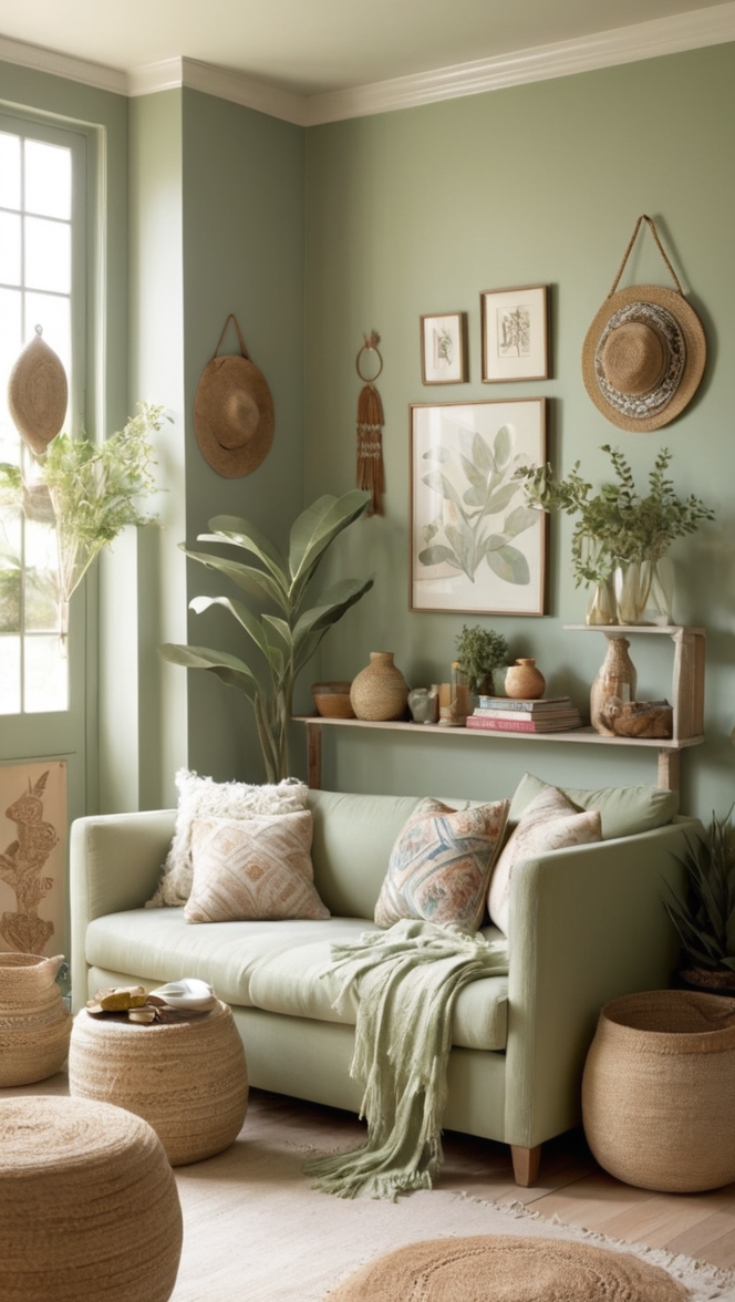 sage green sofa, bohemian rug, modern wall art, eclectic decor, vintage furniture