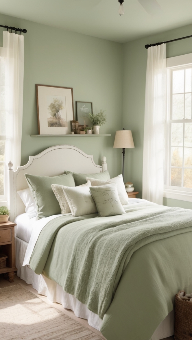 sage green bedding, sage green decor, farm bedroom ideas, rustic bedroom furniture, farmhouse style furniture