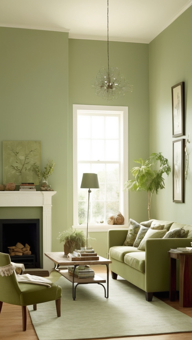 sage green sofa, sage green curtains, sage green throw pillows, sage green accent wall, sage green furniture