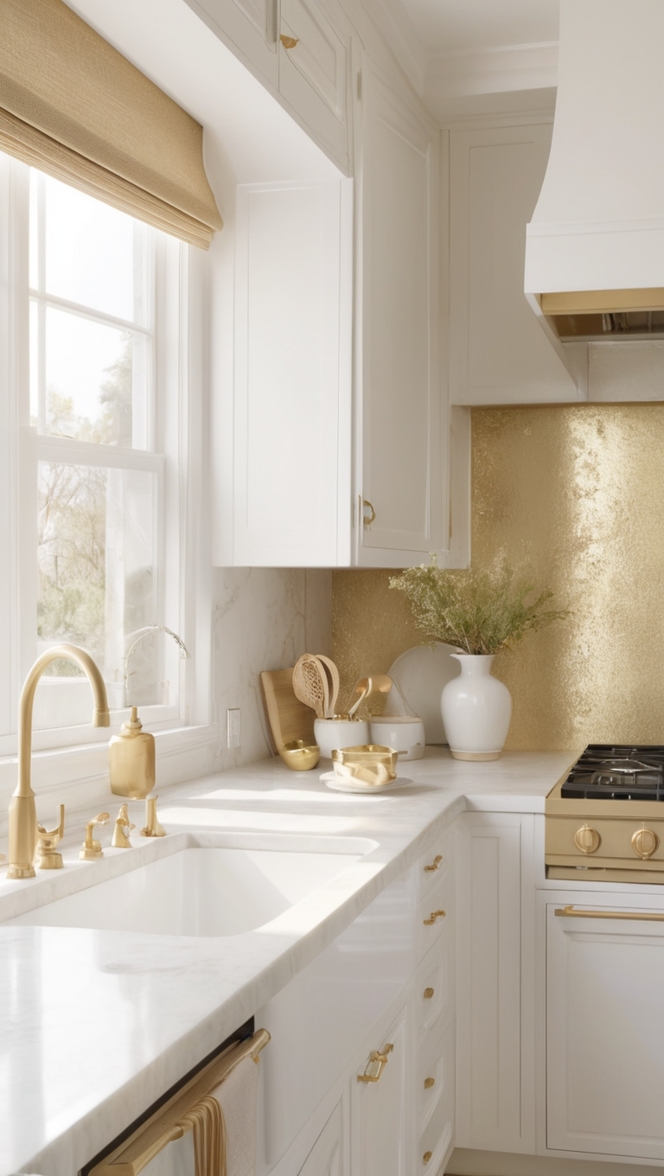 White kitchen cabinets, Gold kitchen accessories, Luxury kitchen design, Modern kitchen renovation, Elegant kitchen decor