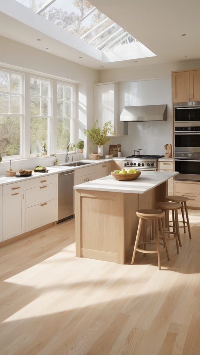 white oak kitchen cabinets, white oak flooring, white oak kitchen island, white oak countertops, white oak kitchen design