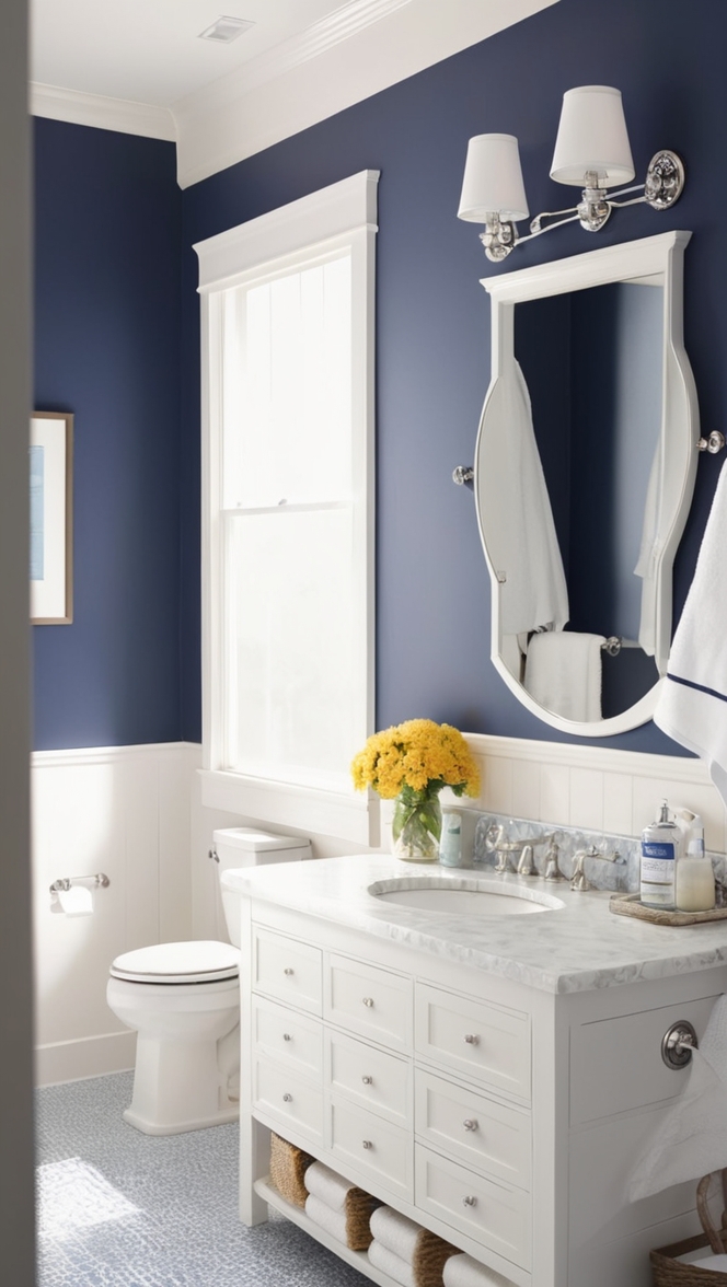 navy blue bathroom decor, navy and white bathroom, navy blue and white tile, navy blue bathroom walls, navy blue and white shower curtain