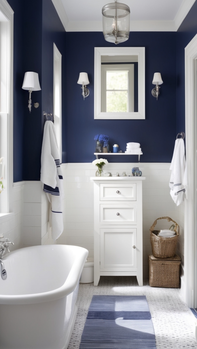 navy blue bathroom decor, navy and white bathroom, navy blue and white tile, navy blue bathroom walls, navy blue and white shower curtain
