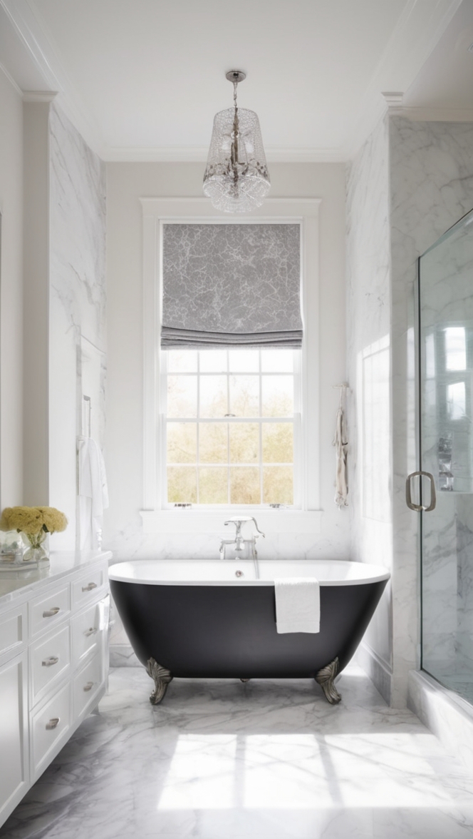 black marble tiles, white marble countertops, marble bathroom design, luxury marble bathroom, marble shower walls