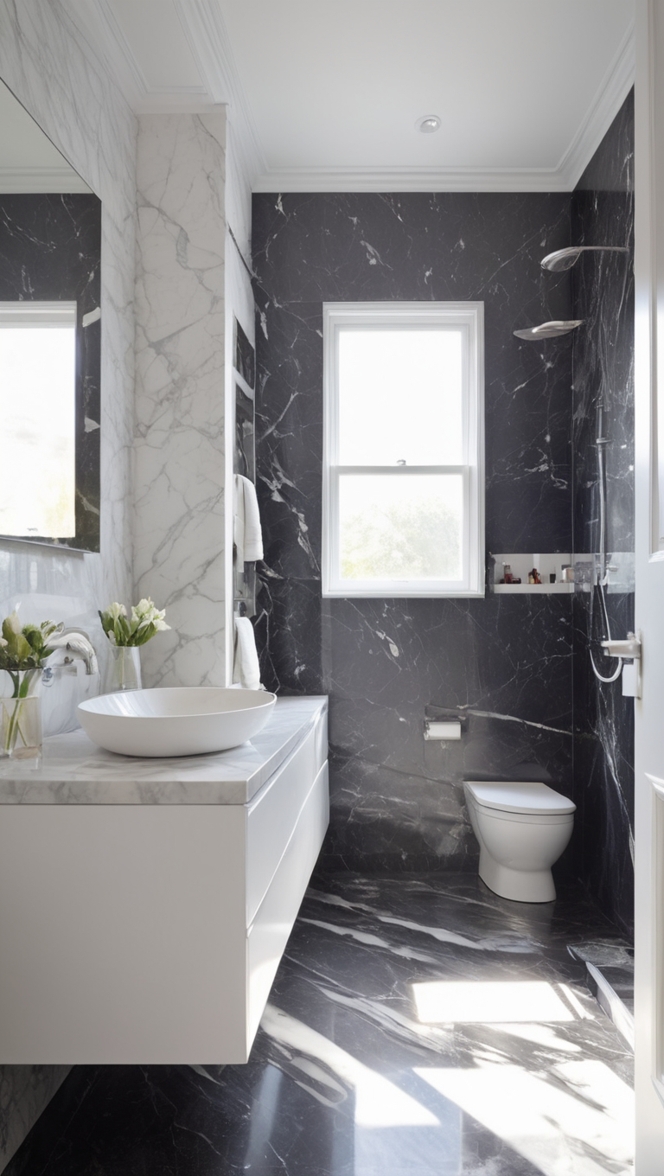 black marble tiles, white marble countertops, marble bathroom design, luxury marble bathroom, marble shower walls