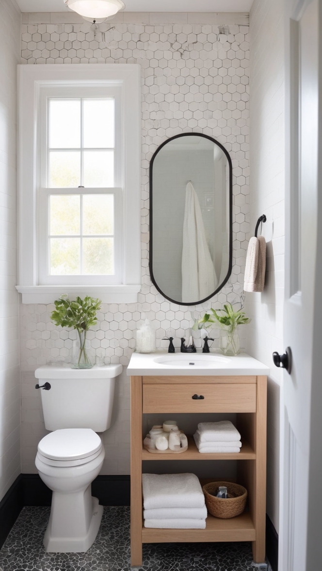 black and white penny tile floor, black and white penny tile shower, black and white penny tile backsplash, black and white penny tile wall, black and white penny tile design