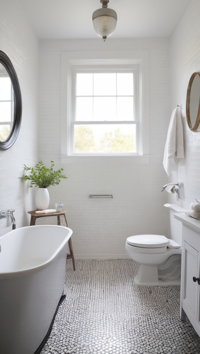 black and white penny tile floor, black and white penny tile shower, black and white penny tile backsplash, black and white penny tile wall, black and white penny tile design