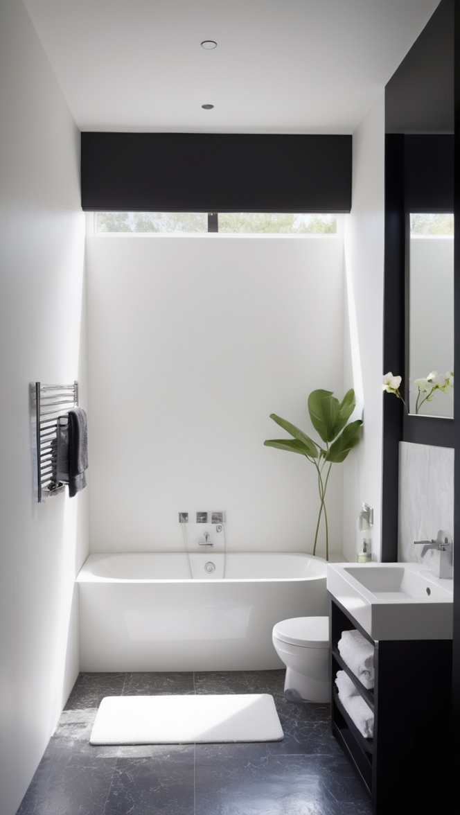 black and white bathroom decor, small bathroom design, small bathroom renovation, bathroom color scheme, black and white tile ideas