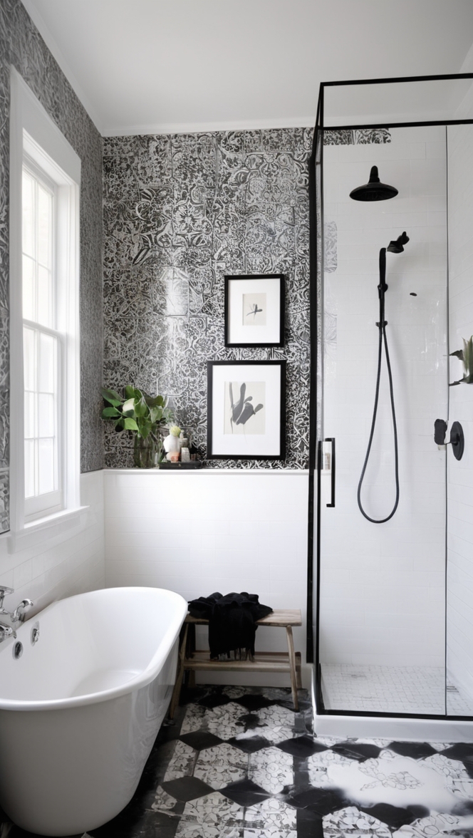 black and white bathroom ideas, classic bathroom design, monochrome bathroom decor, retro tile patterns, vintage bathroom tiles